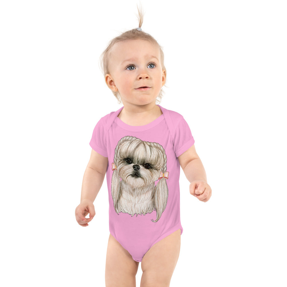 Adorable Dog with Pink Hair Braids Ribbon, Bodysuit, No. 0565