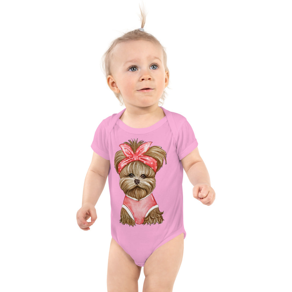 Adorable Dog with Red Ribbon, Bodysuit, No. 0566