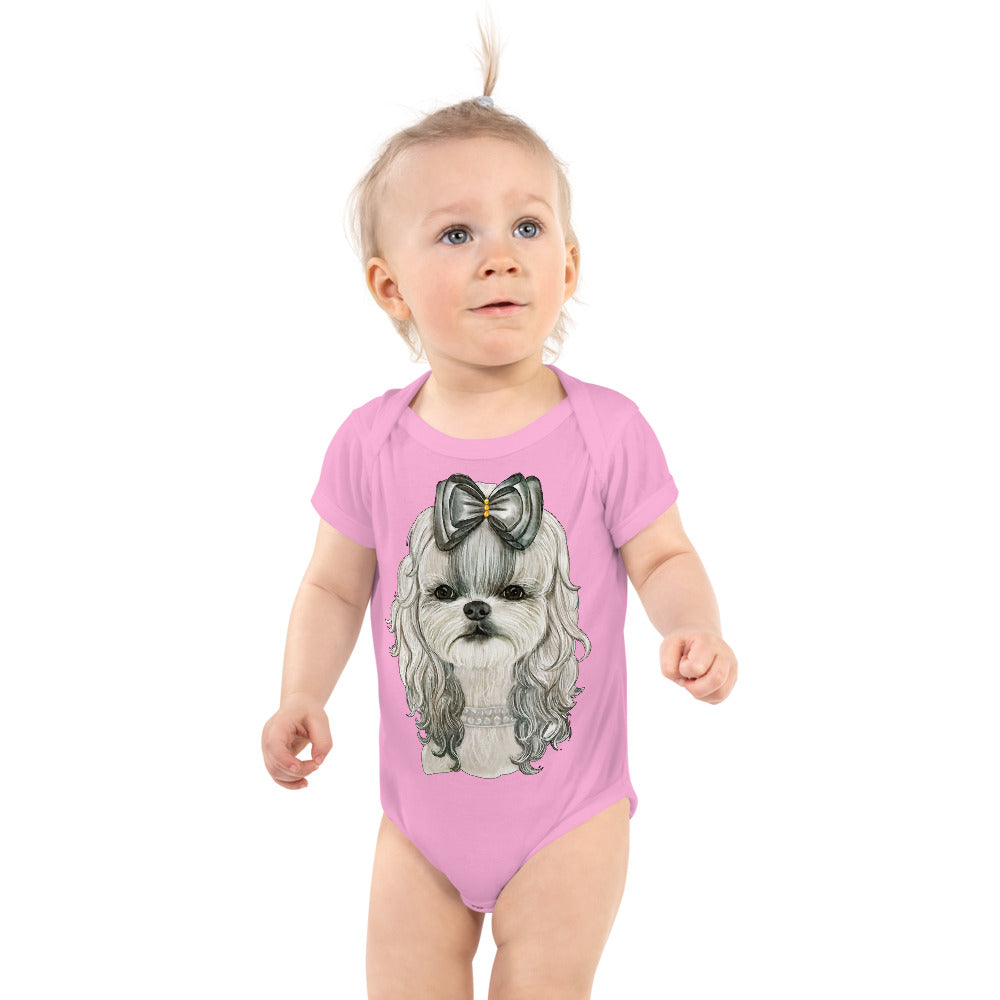 Adorable Dog with White Hair Ribbon, Bodysuit, No. 0567