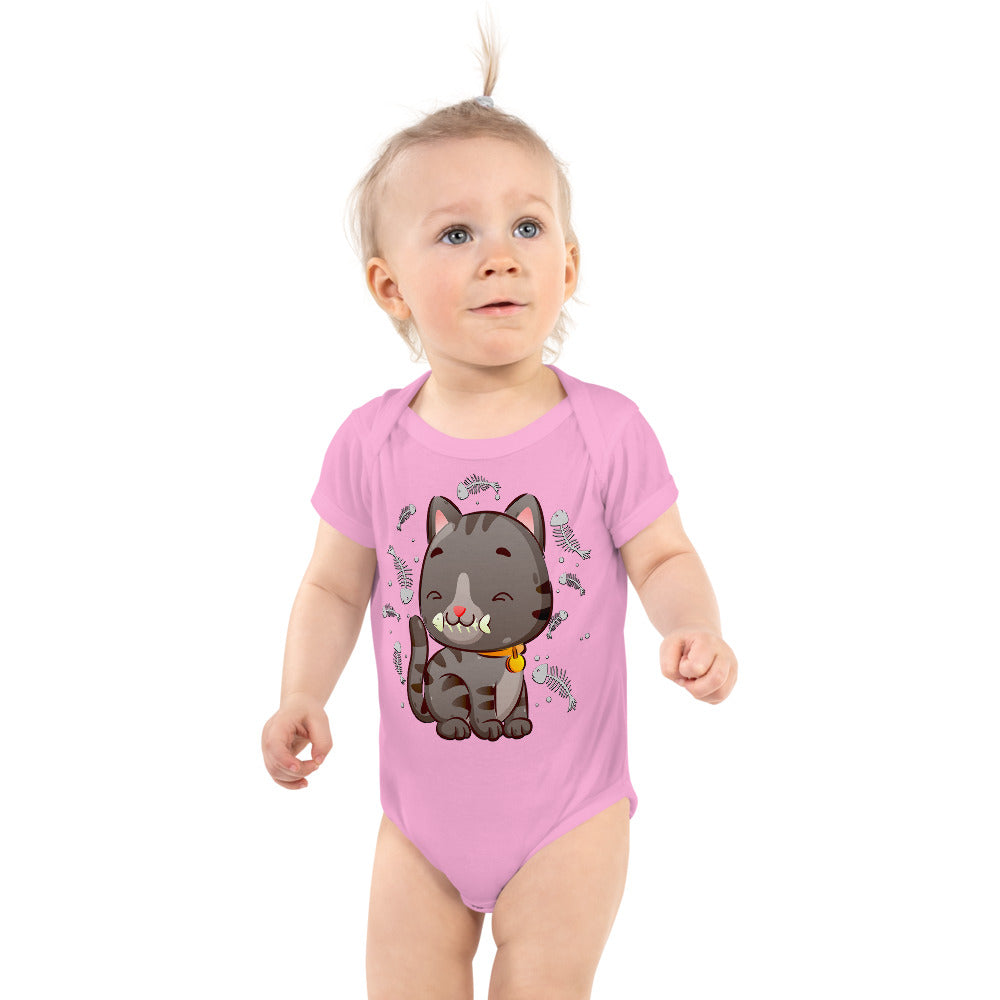 Cute Baby Cat Eating Fish Bone, Bodysuits, No. 0138