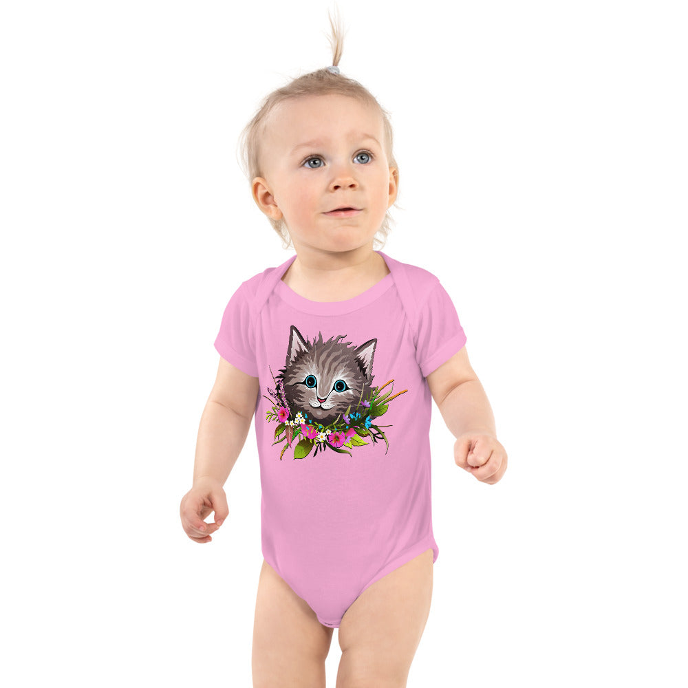 Cute Cat Face with Flowers Wreath Around the Neck, Bodysuits, No. 0155