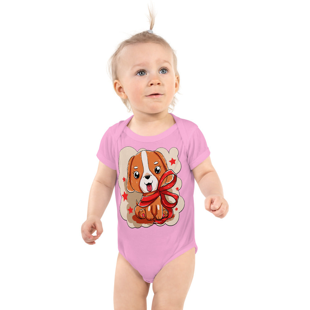 Cute Dog Puppy with Red Ribbon, Bodysuits, No. 0299