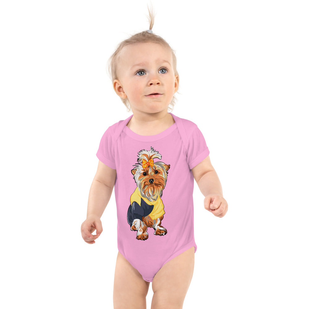 Cute dog wears colorful hair tie, Bodysuits, No. 193