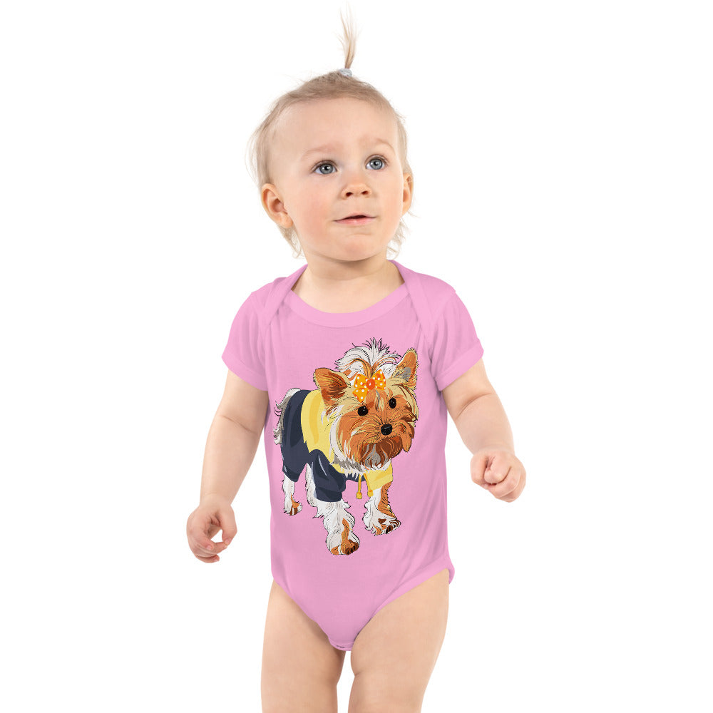 Cute dog wears yellow hair tie, Bodysuits, No. 0556
