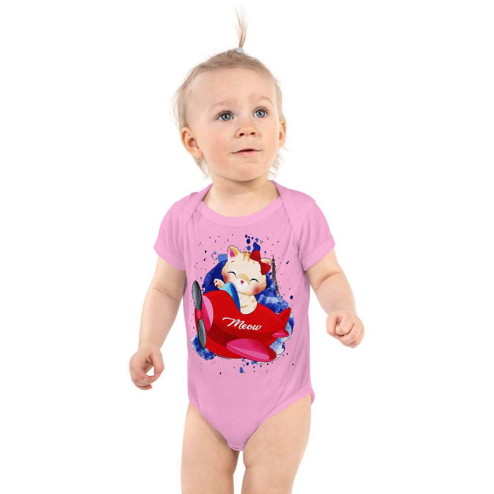 Cute Kitty Cat Flying with Aeroplane, Bodysuits, No. 0311