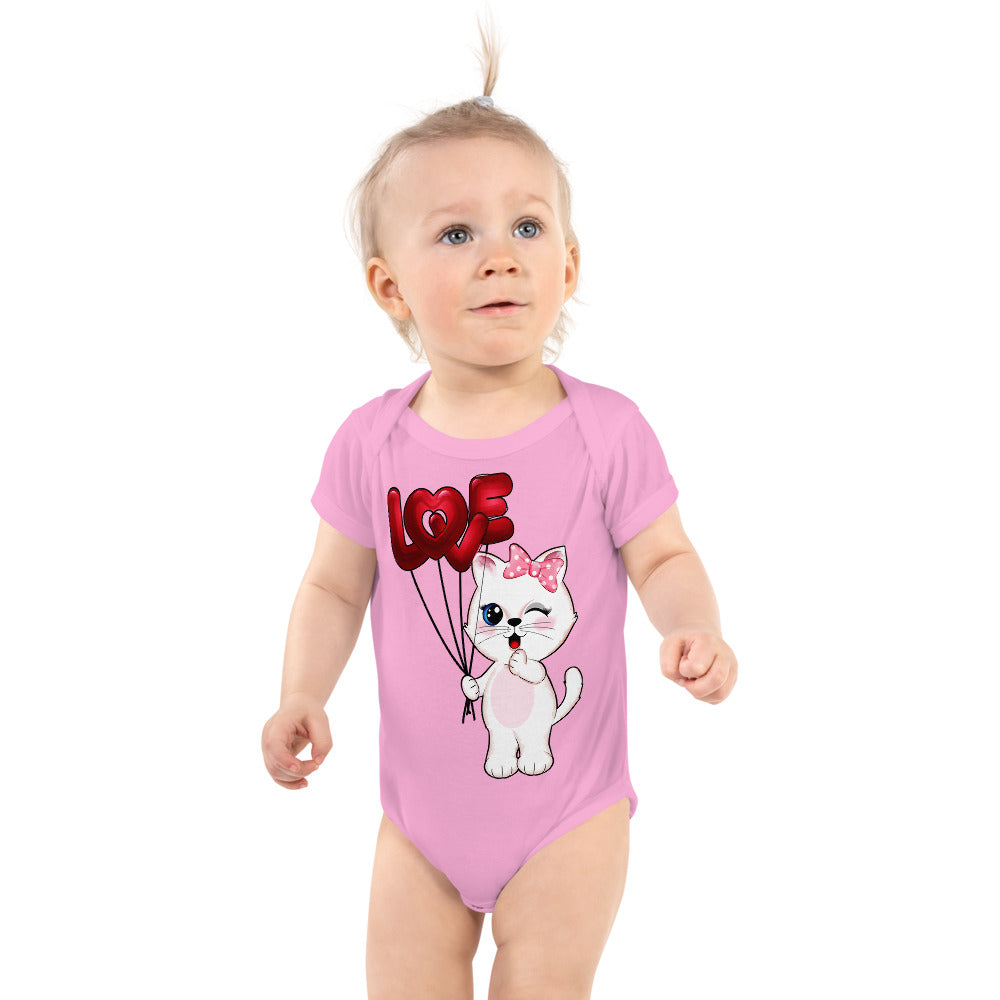 Cute Kitty Cat Holding Love Balloon, Bodysuits, No. 0312