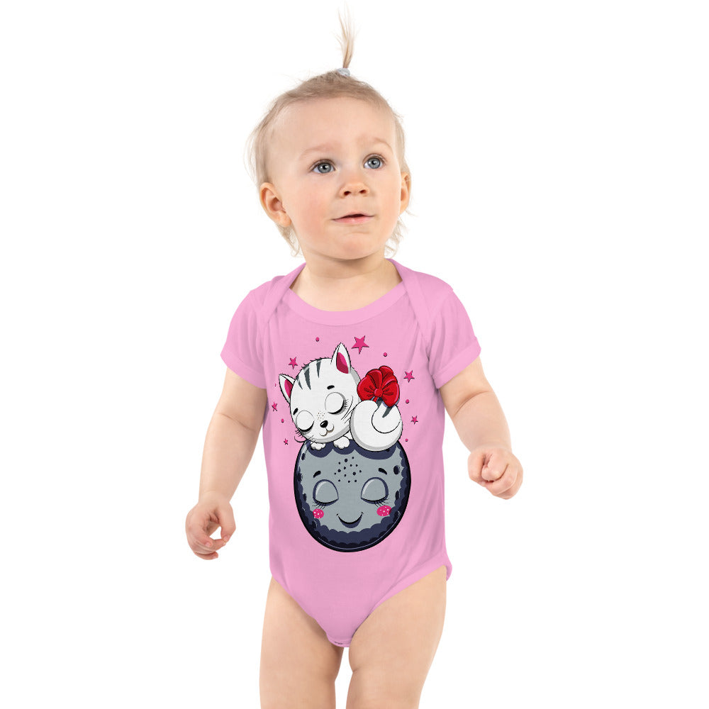 Cute Kitty Cat Sleeping on Moon, Bodysuits, No. 0324