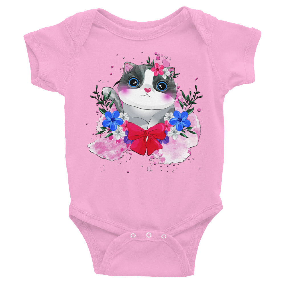 Cute Kitty Cat with Flowers, Bodysuits, No. 0328