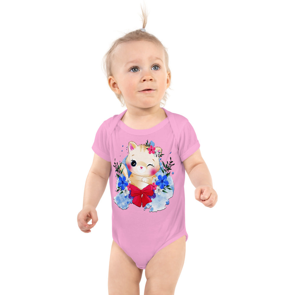 Cute Kitty Cat with Flowers, Bodysuits, No. 0329