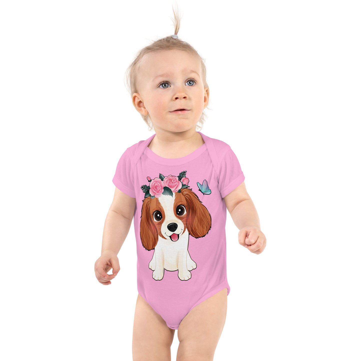 Cute Little Cavalier King Charles Dog with Flowers Bodysuit, No. 0353