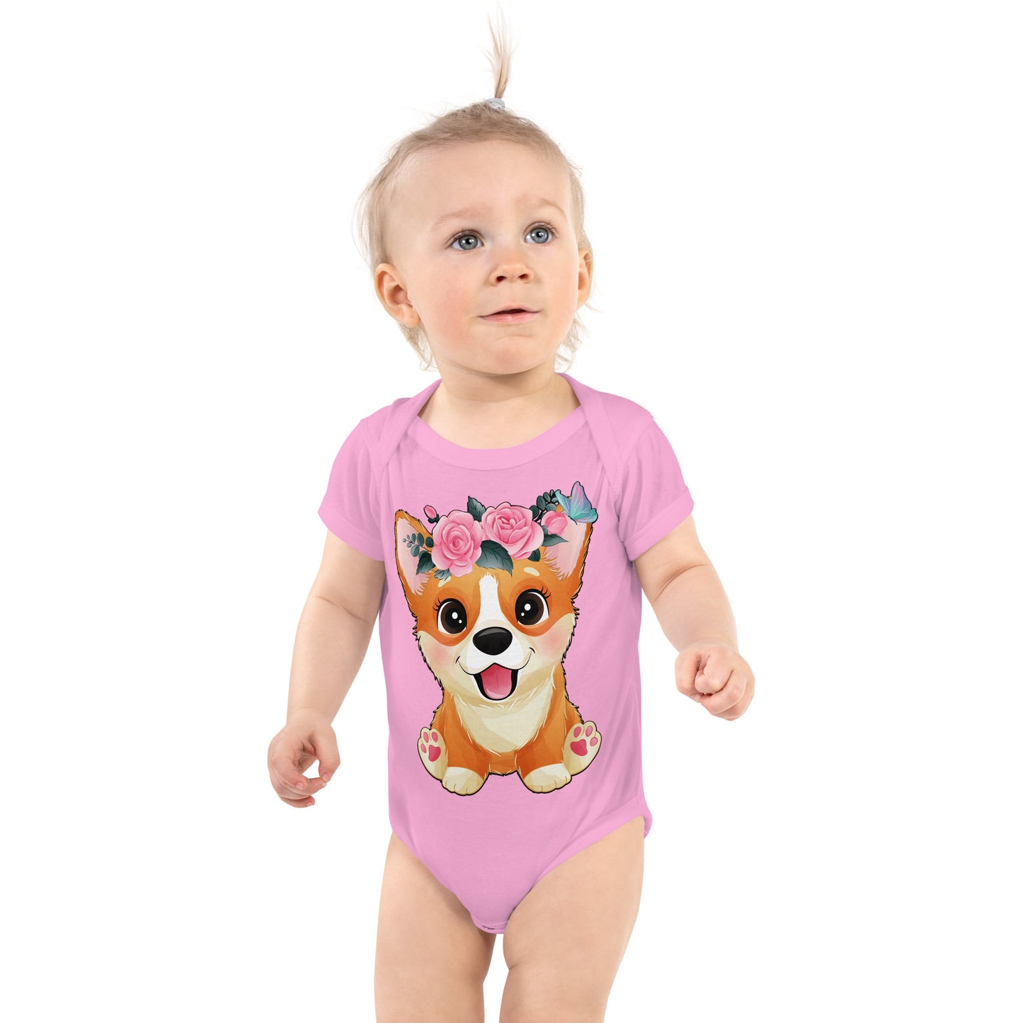 Cute Little Corgi Dog with Flowers Bodysuit, No. 0354