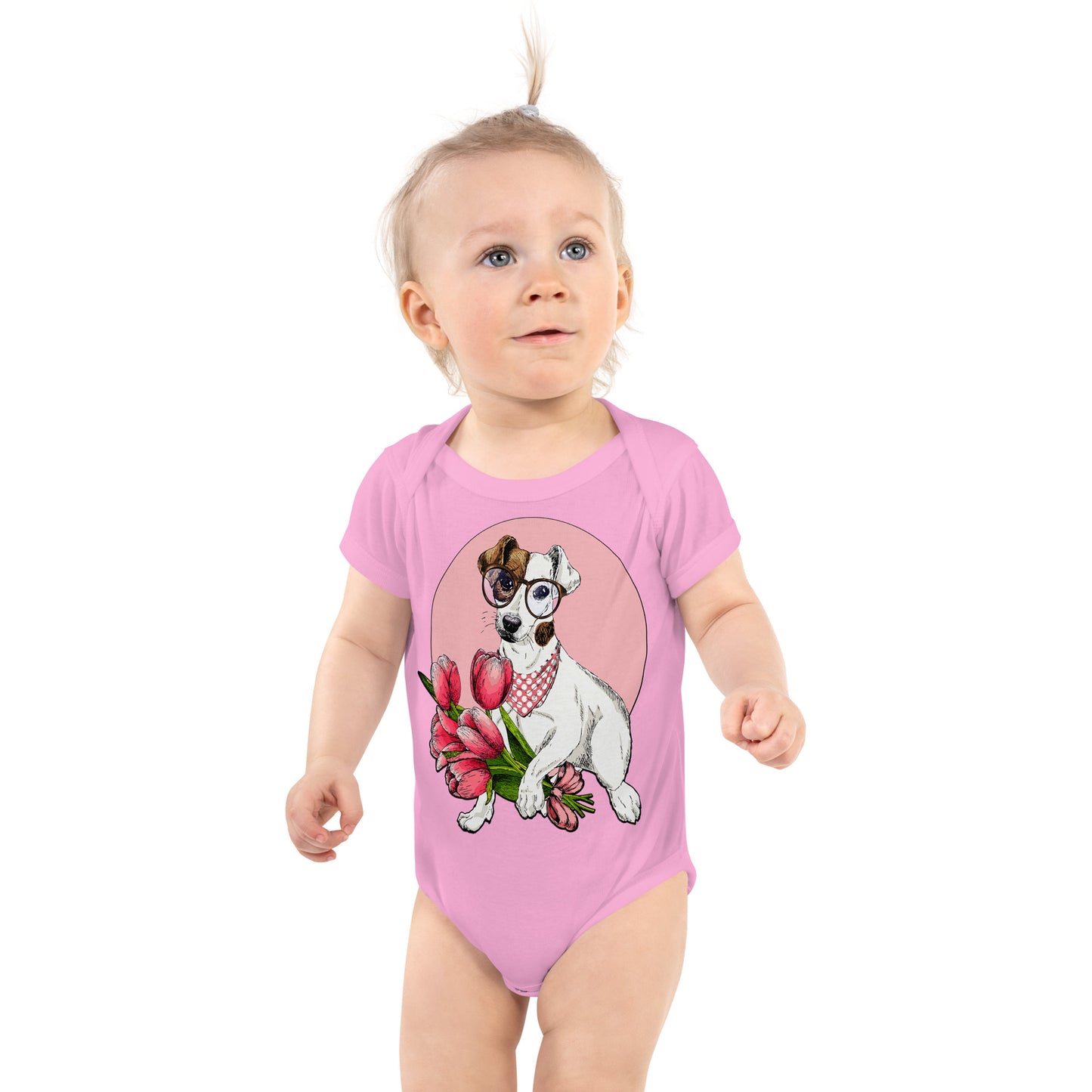 Cute Dog Holding Flowers Bouquet Bodysuit, No. 0190