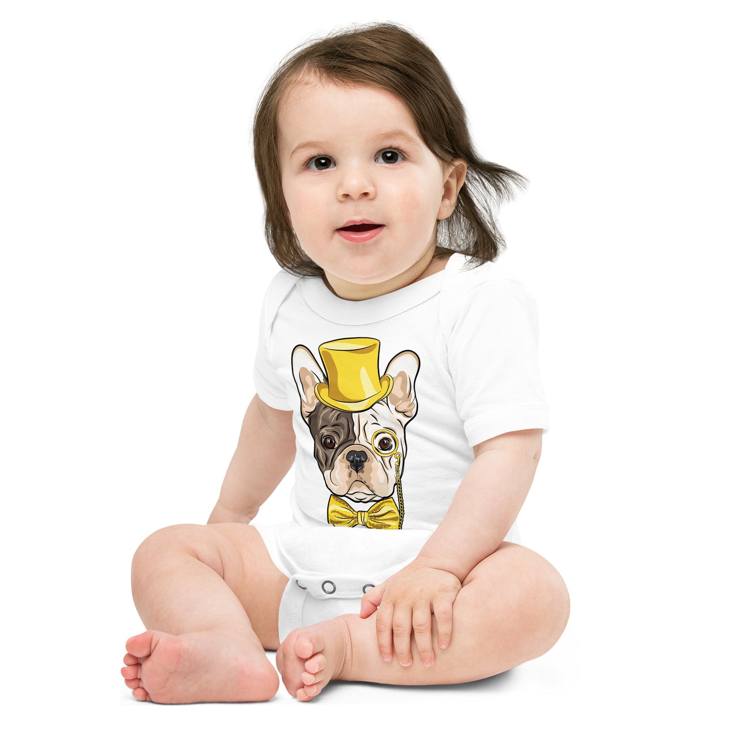 Gentleman French Bulldog Wears Yellow Hat Bodysuit, No. 0524