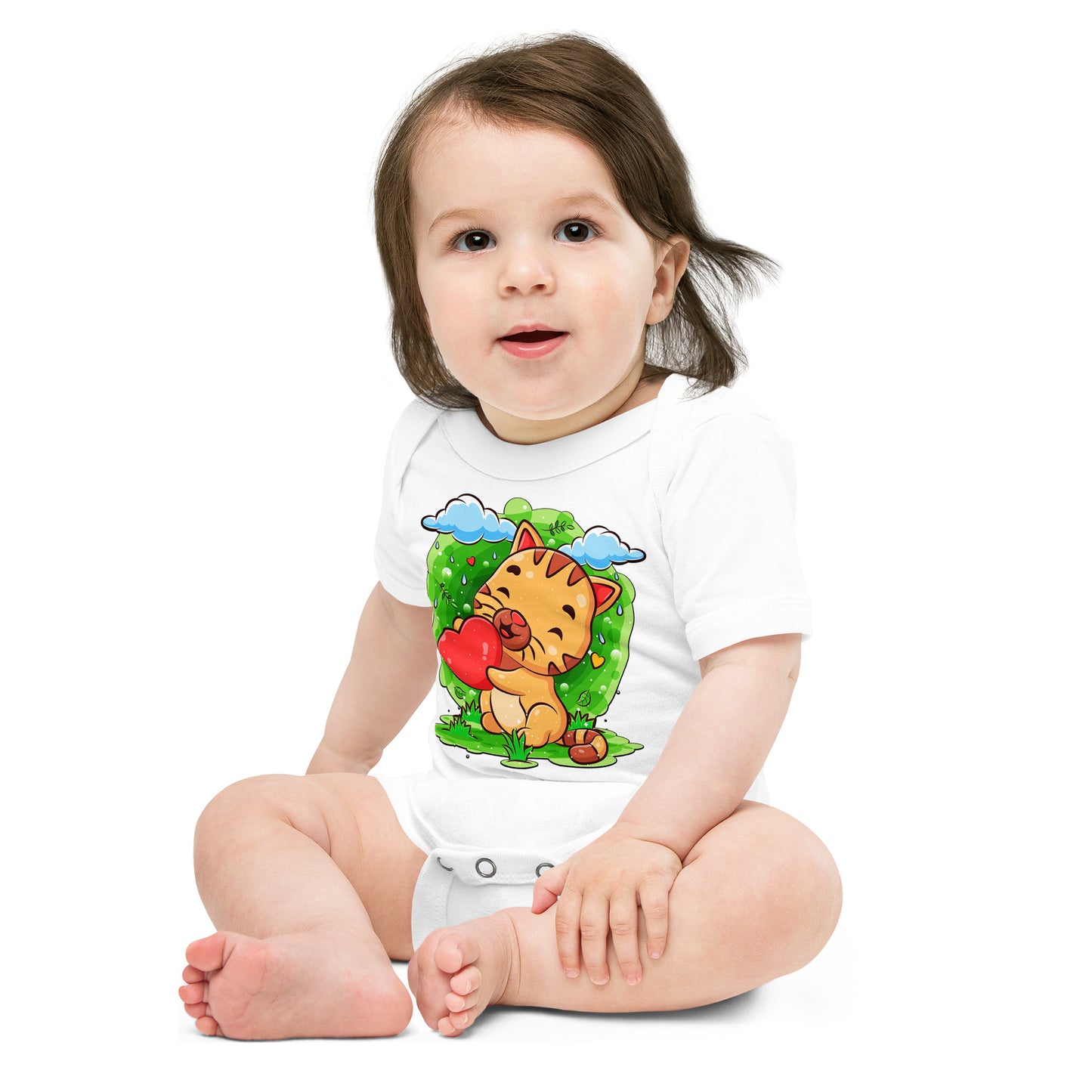 Happy Baby Cat Holding Heart Bodysuit, No. 0528