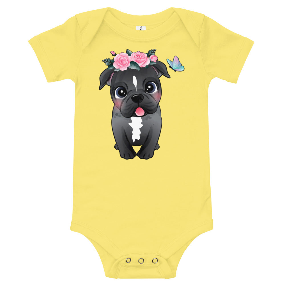 Cute Little Pitbull Dog with Flowers, Bodysuits, No. 361