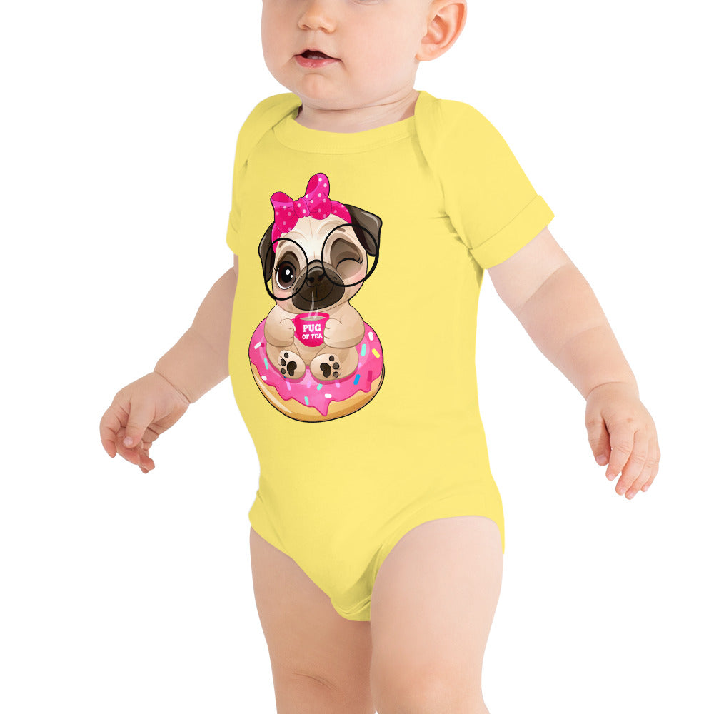 Cute Little Pug Dog Sitting in Donut, Bodysuits, No. 0365