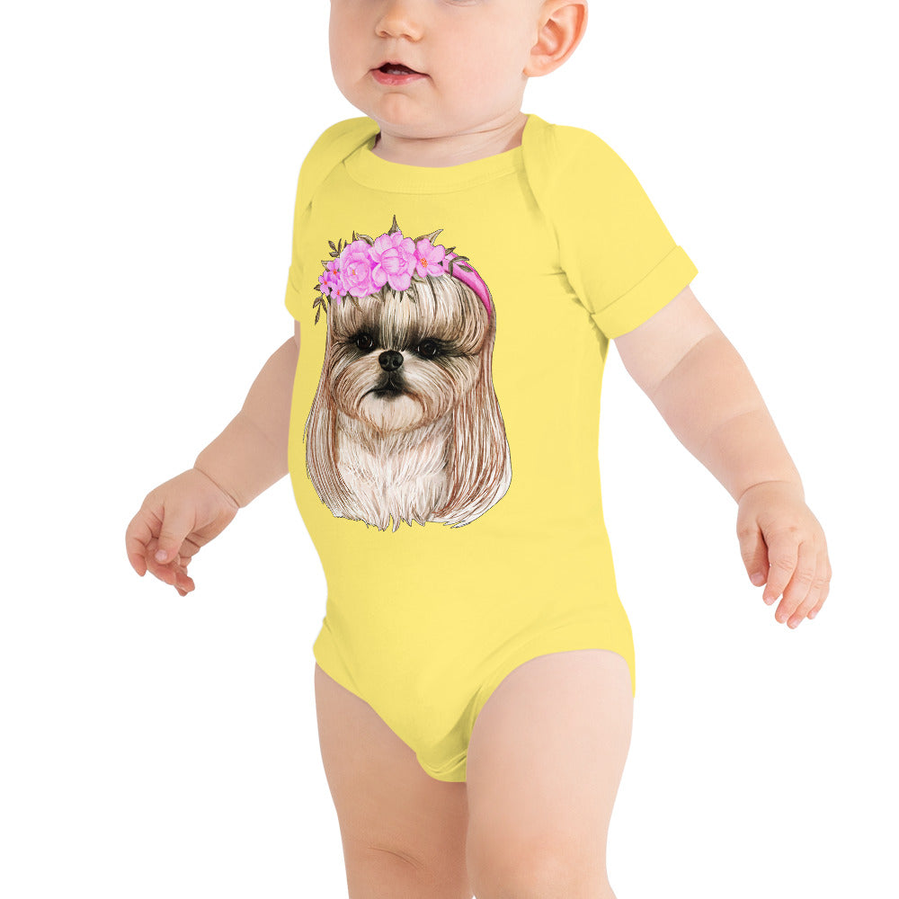 Adorable Dog with Flower Hair Crowns, Bodysuit, No. 0562