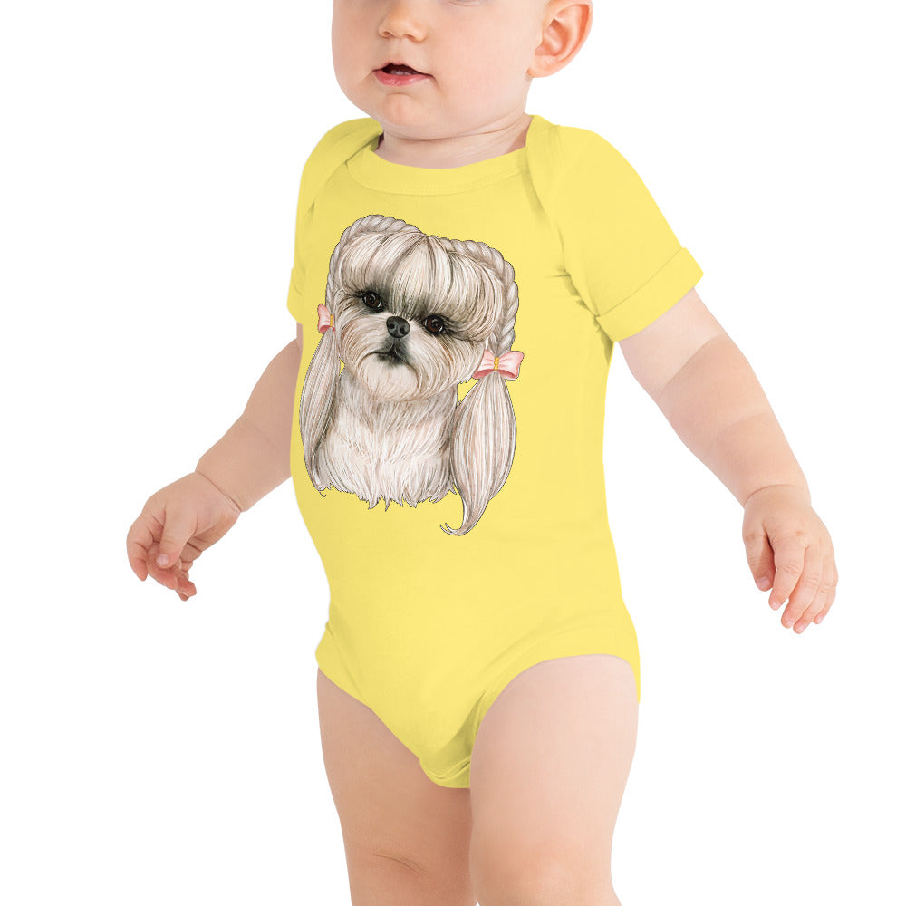 Adorable Dog with Pink Hair Braids Ribbon, Bodysuit, No. 0565