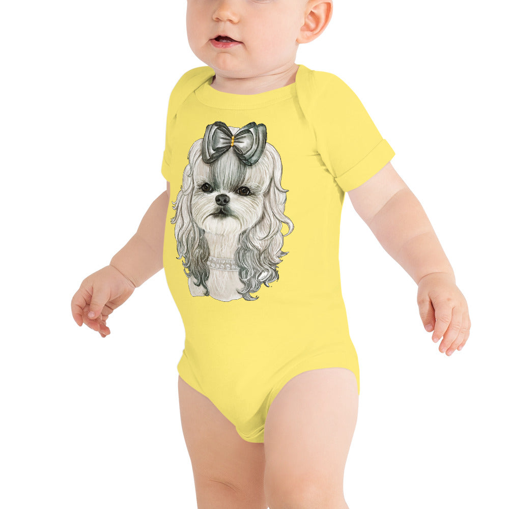 Adorable Dog with White Hair Ribbon, Bodysuit, No. 0567