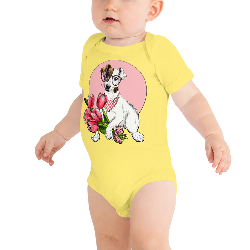 Cute Dog Holding Flowers Bouquet, Bodysuits, No. 0190
