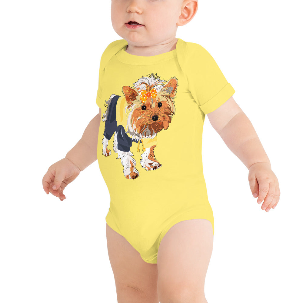 Cute dog wears yellow hair tie, Bodysuits, No. 0556
