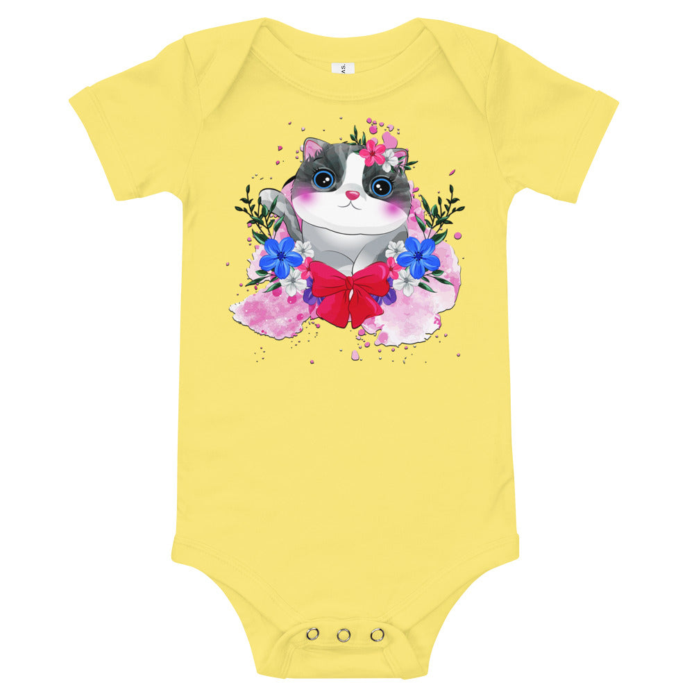 Cute Kitty Cat with Flowers, Bodysuits, No. 0328