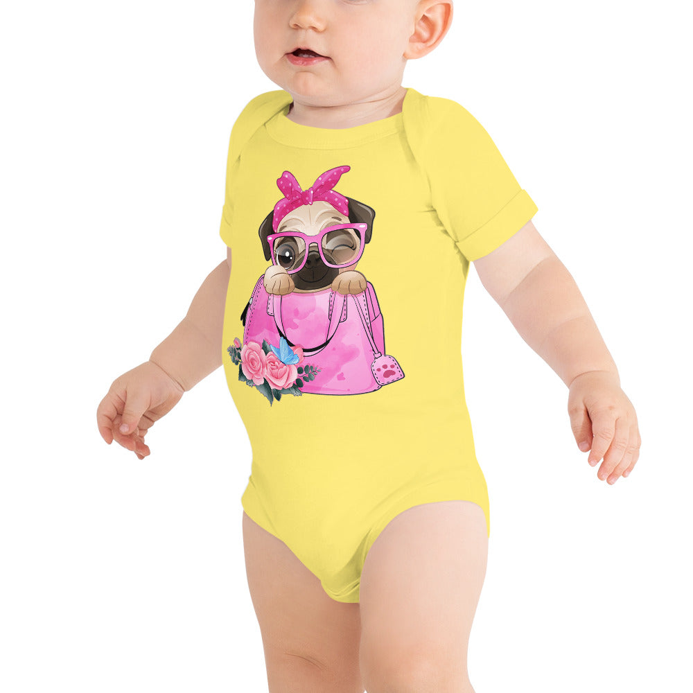 Funny Pug Dog Inside Bag, Bodysuits, No. 0435