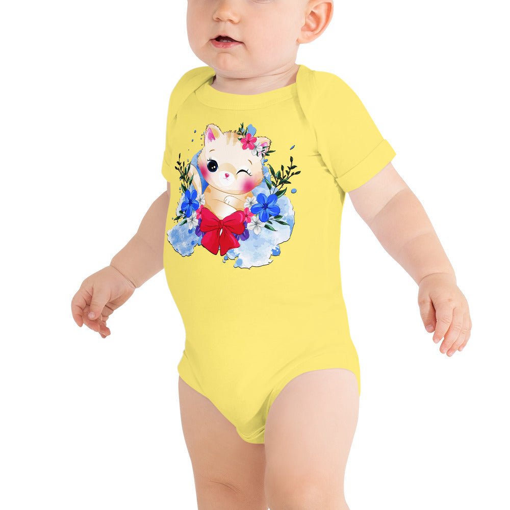 Cute Kitty Cat with Flowers, Bodysuits, No. 0329