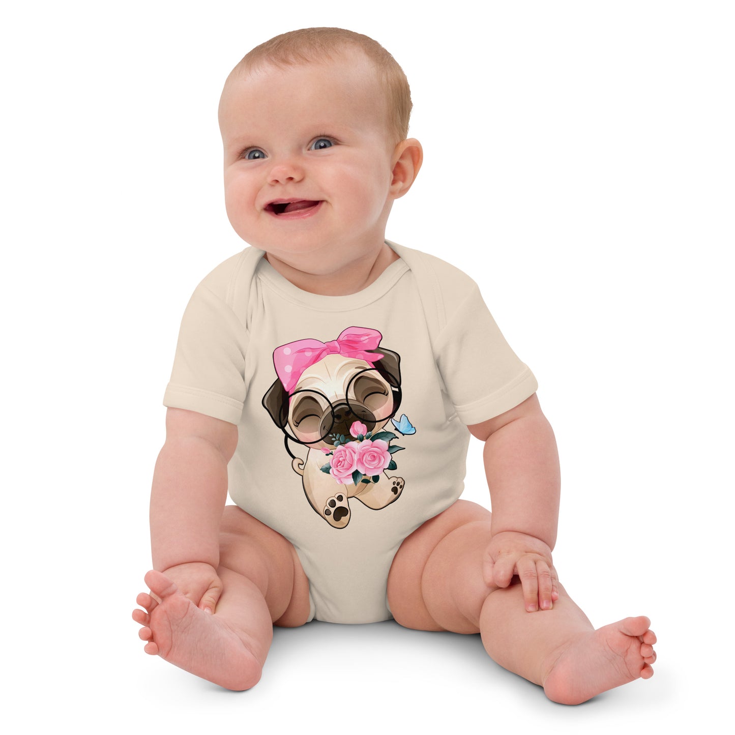 Cute Little Pug Dog Holding Roses Bodysuit, No. 0362