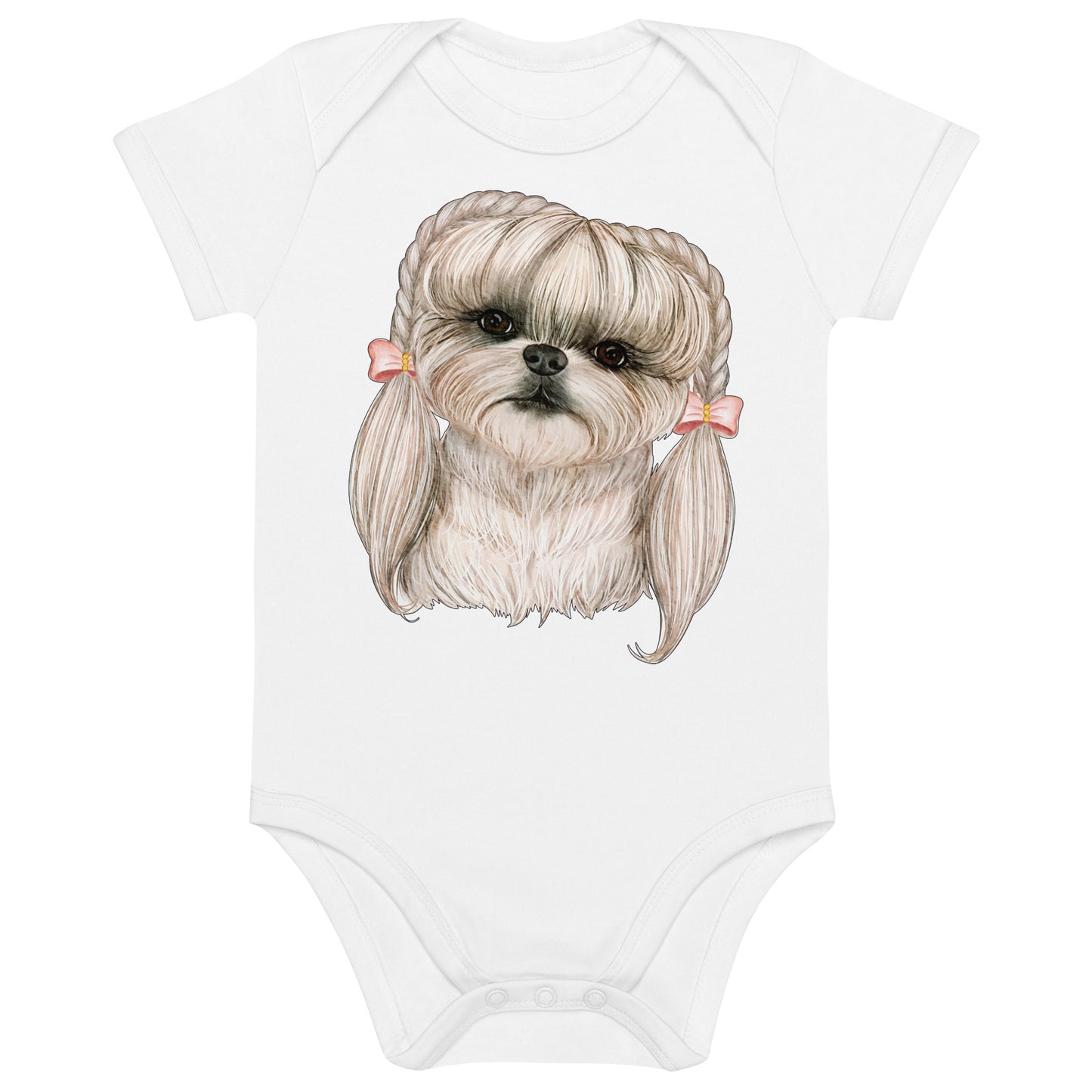 Adorable Dog with Pink Hair Braids Ribbon Bodysuit, No. 0565