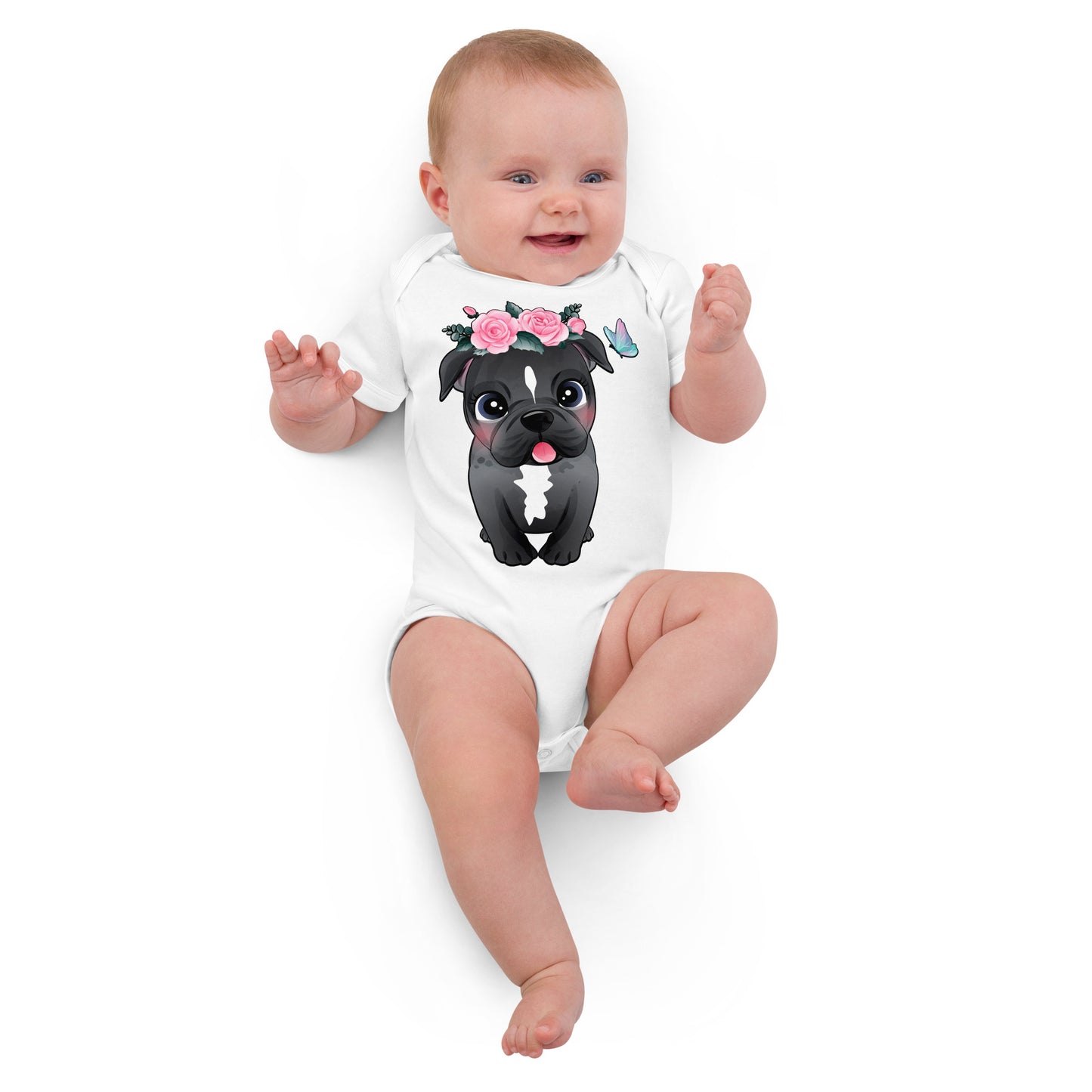 Cute Little Pitbull Dog with Flowers Bodysuit, No. 361