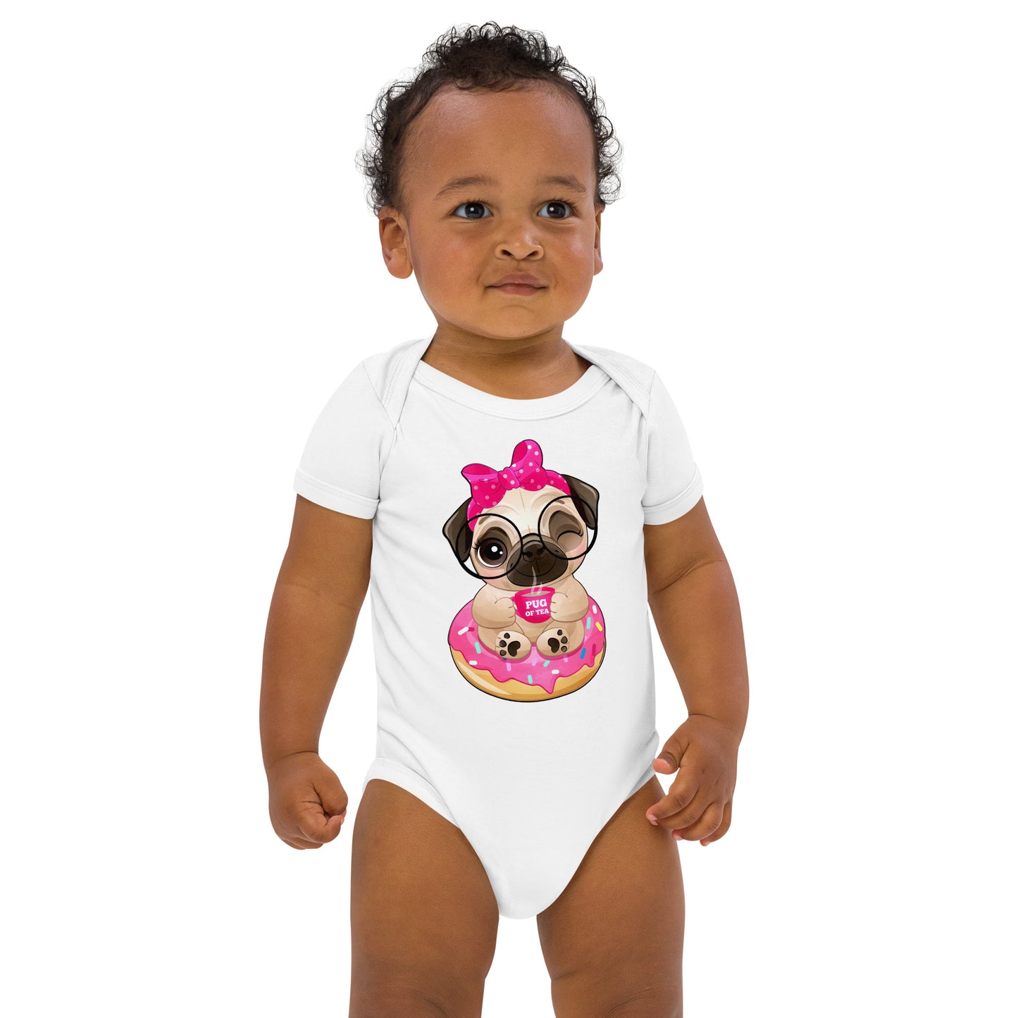 Cute Little Pug Dog Sitting in Donut Bodysuit, No. 0365