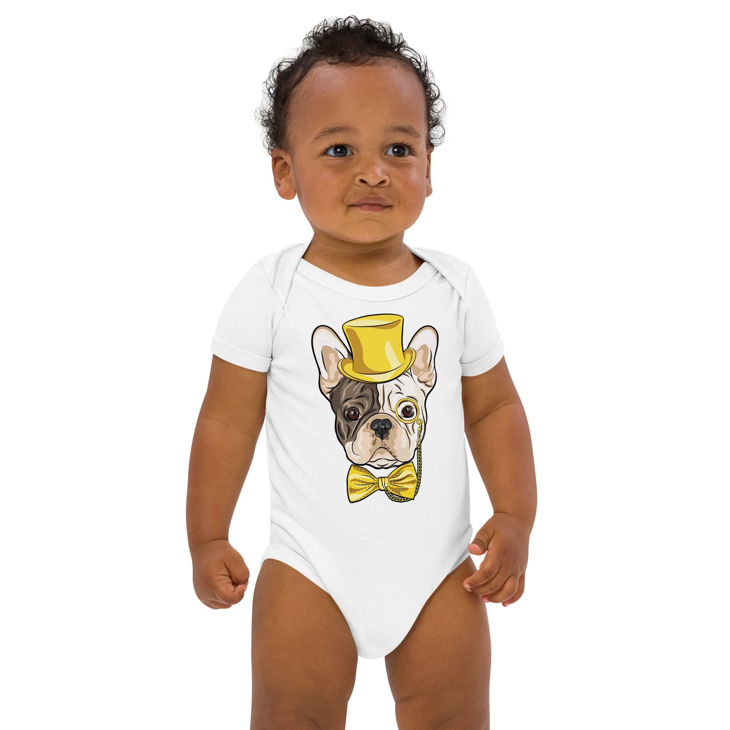 Gentleman French Bulldog Wears Yellow Hat Bodysuit, No. 0524