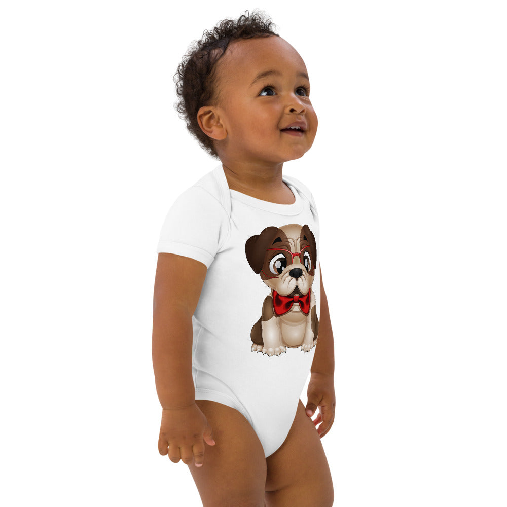 Cute Puppy Dog Pug Wearing Red Bow, Bodysuits, No. 0225