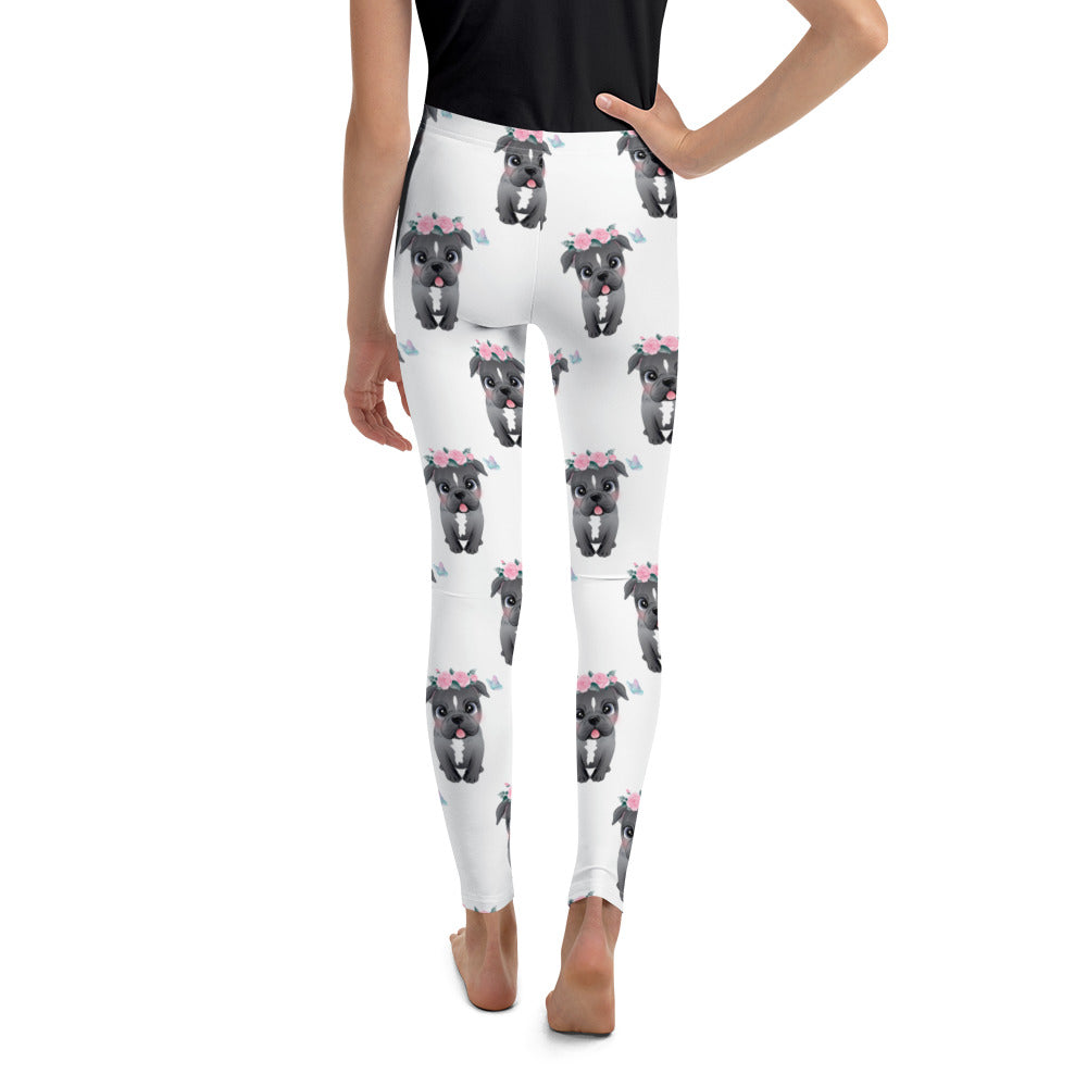 Cute Little Pitbull Dog with Flowers Leggings, No. 361