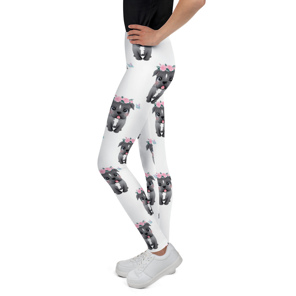 Cute Little Pitbull Dog with Flowers Leggings, No. 361