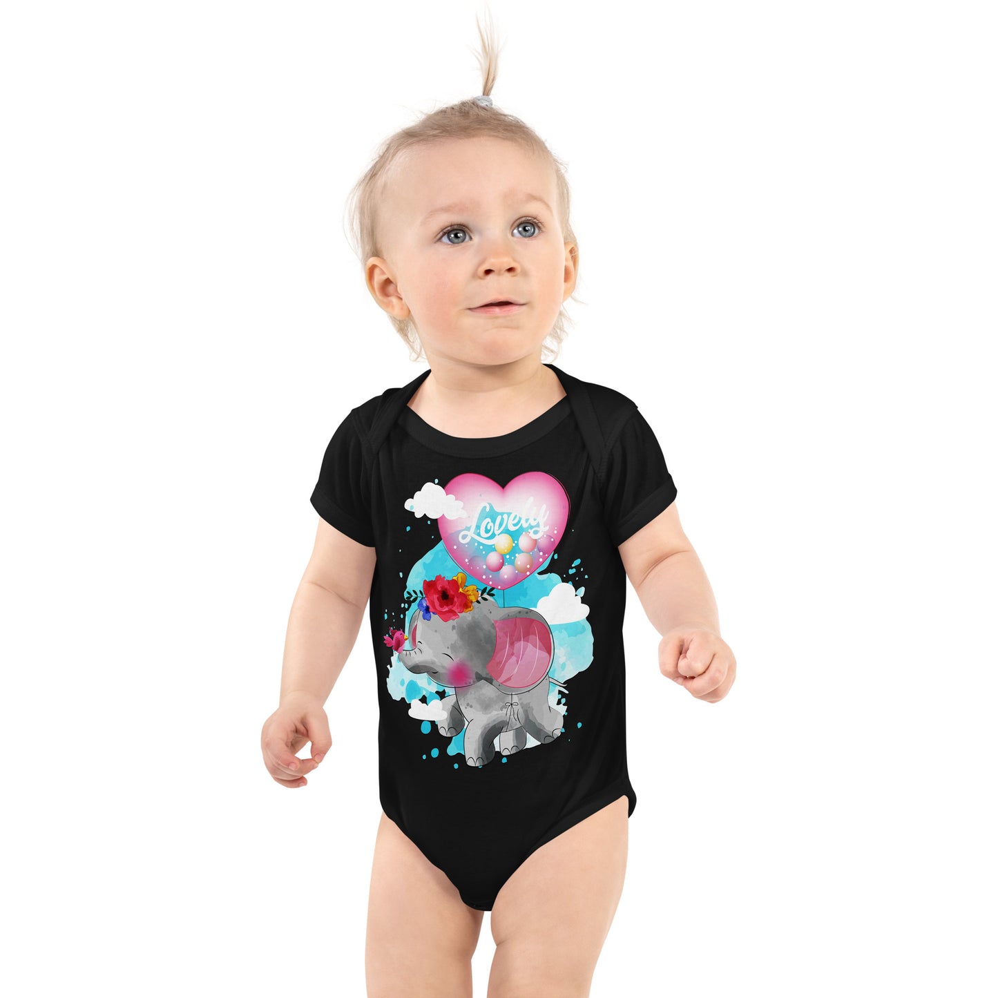 Cute Elephant with Love Balloon Bodysuit, No. 0084