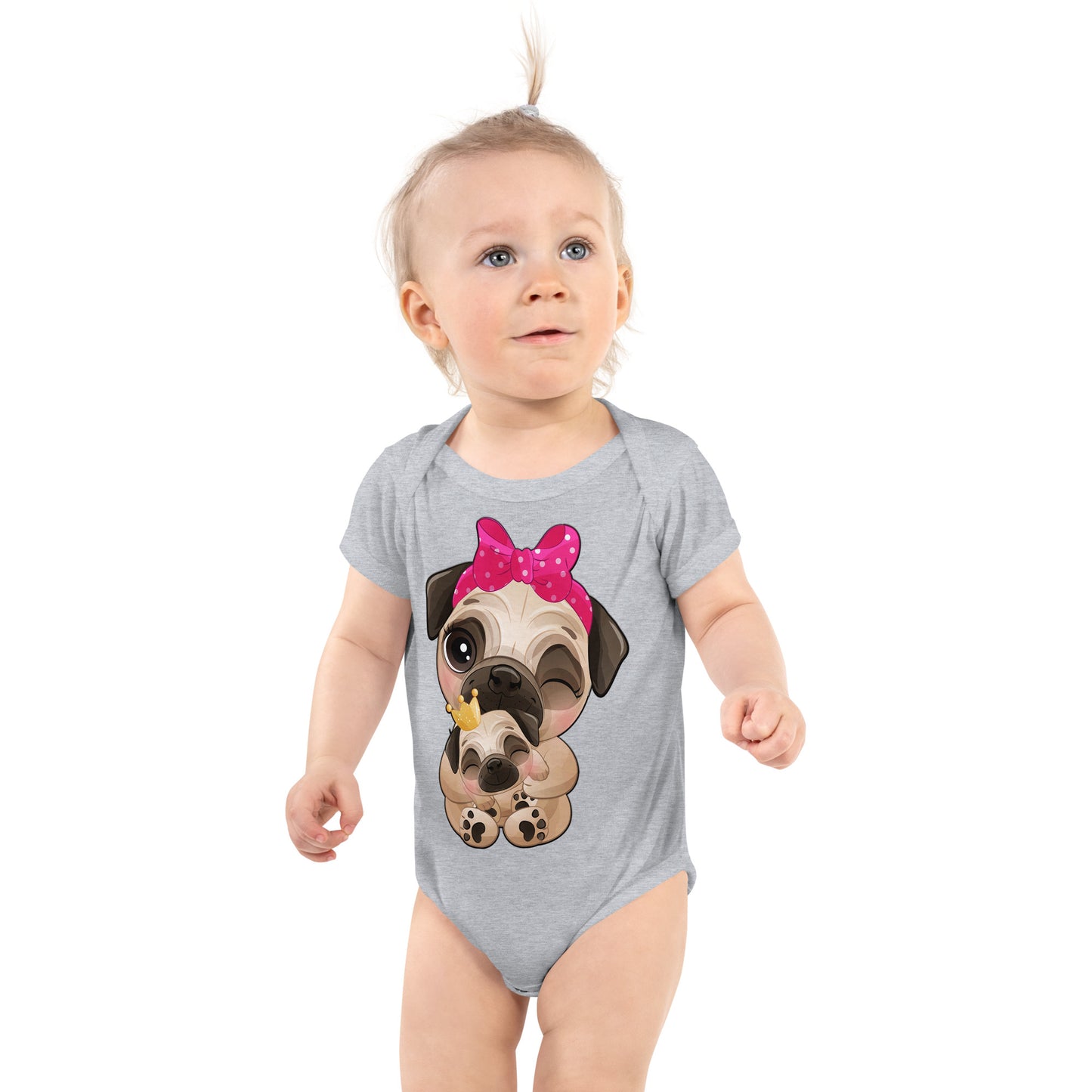 Cute Little Pug Dog Mother and Baby Bodysuit, No. 0363