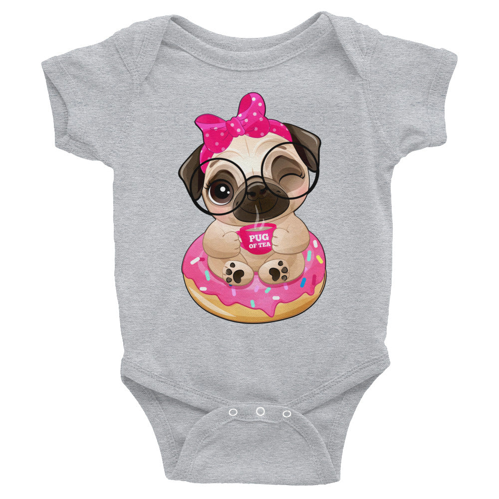 Cute Little Pug Dog Sitting in Donut Bodysuit, No. 0365