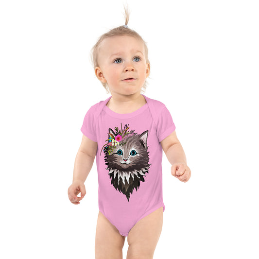 Cute Cat Face with Flowers on Head Bodysuit, No. 0154