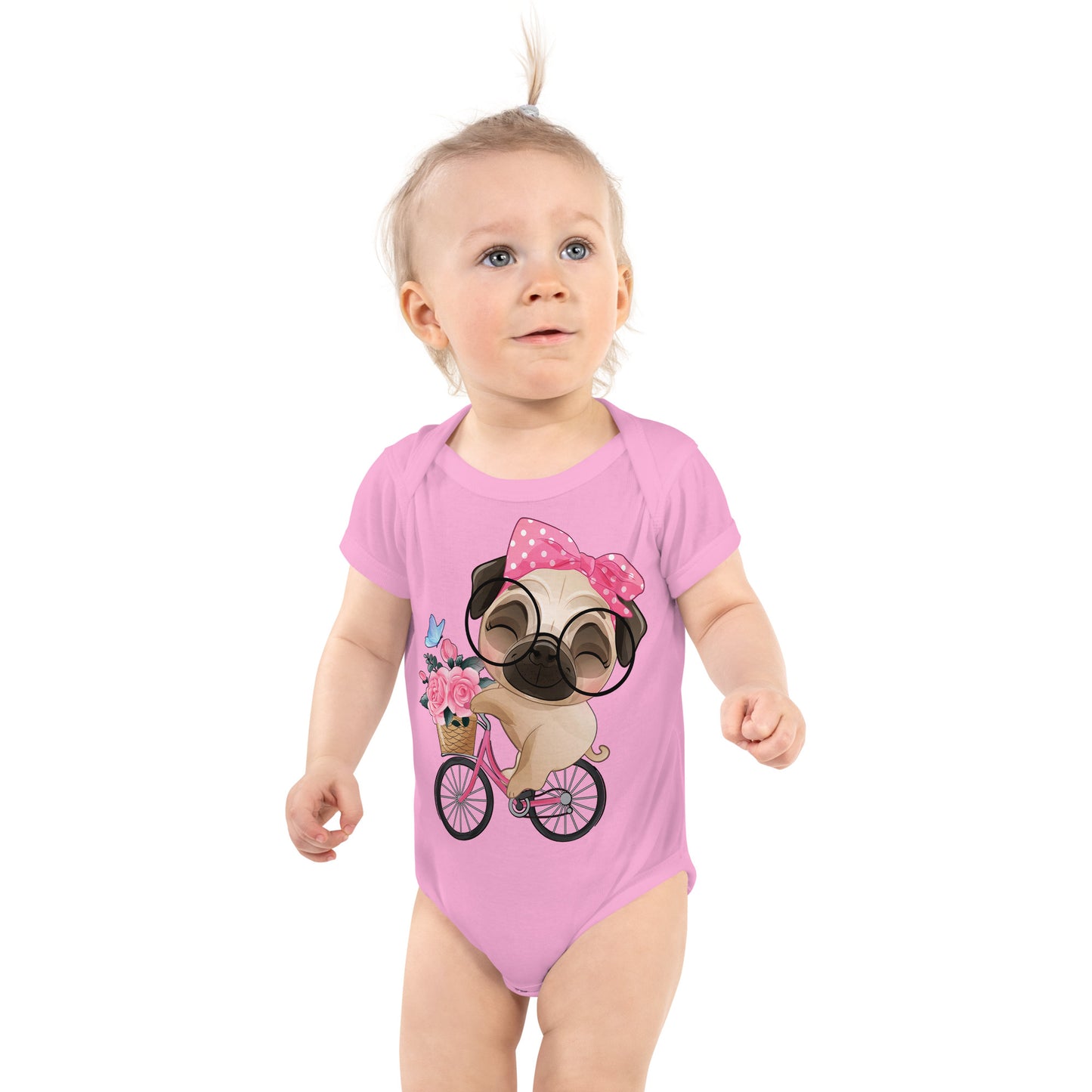 Cute Little Pug Dog Riding Bicycle Bodysuit, No. 0364