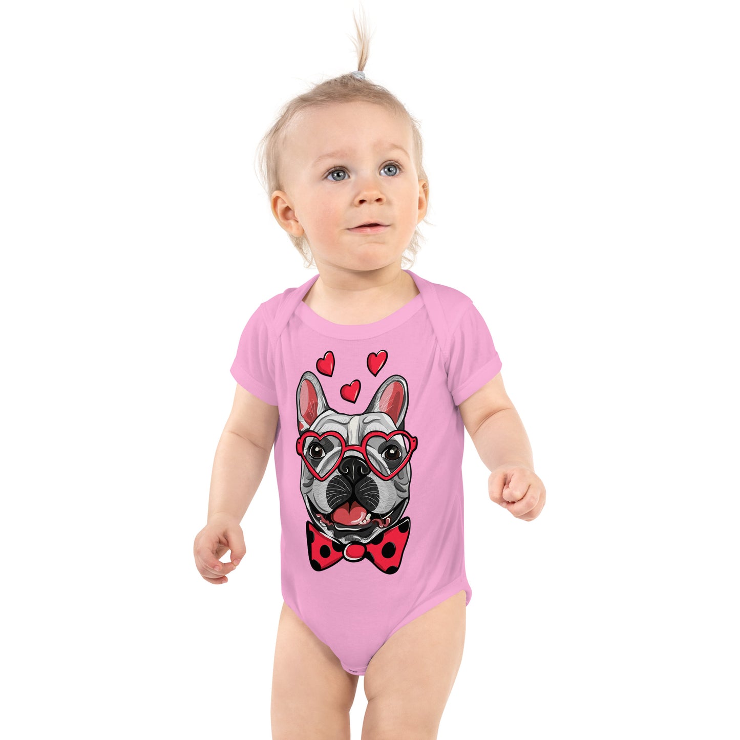Cute French Bulldog Dog with Funny Pink Heart Glasses Bodysuit, No. 0198