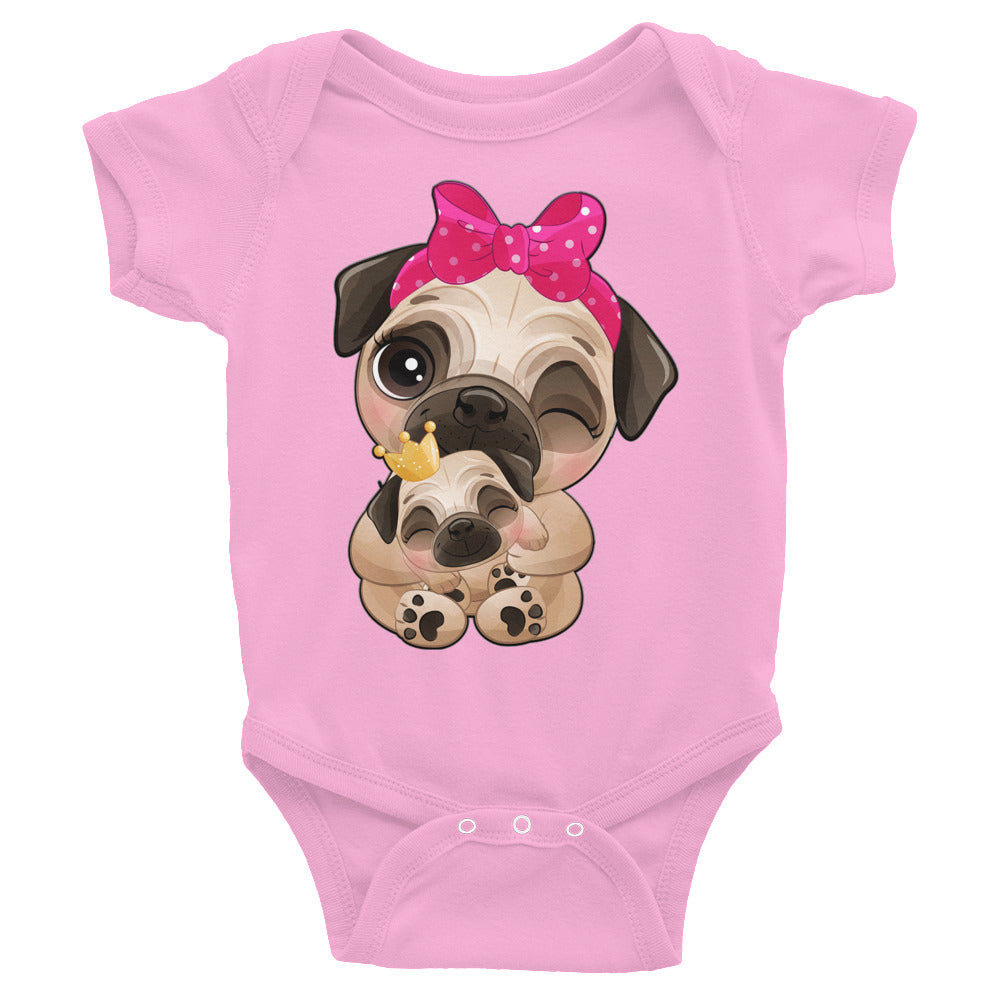 Cute Little Pug Dog Mother and Baby Bodysuit, No. 0363