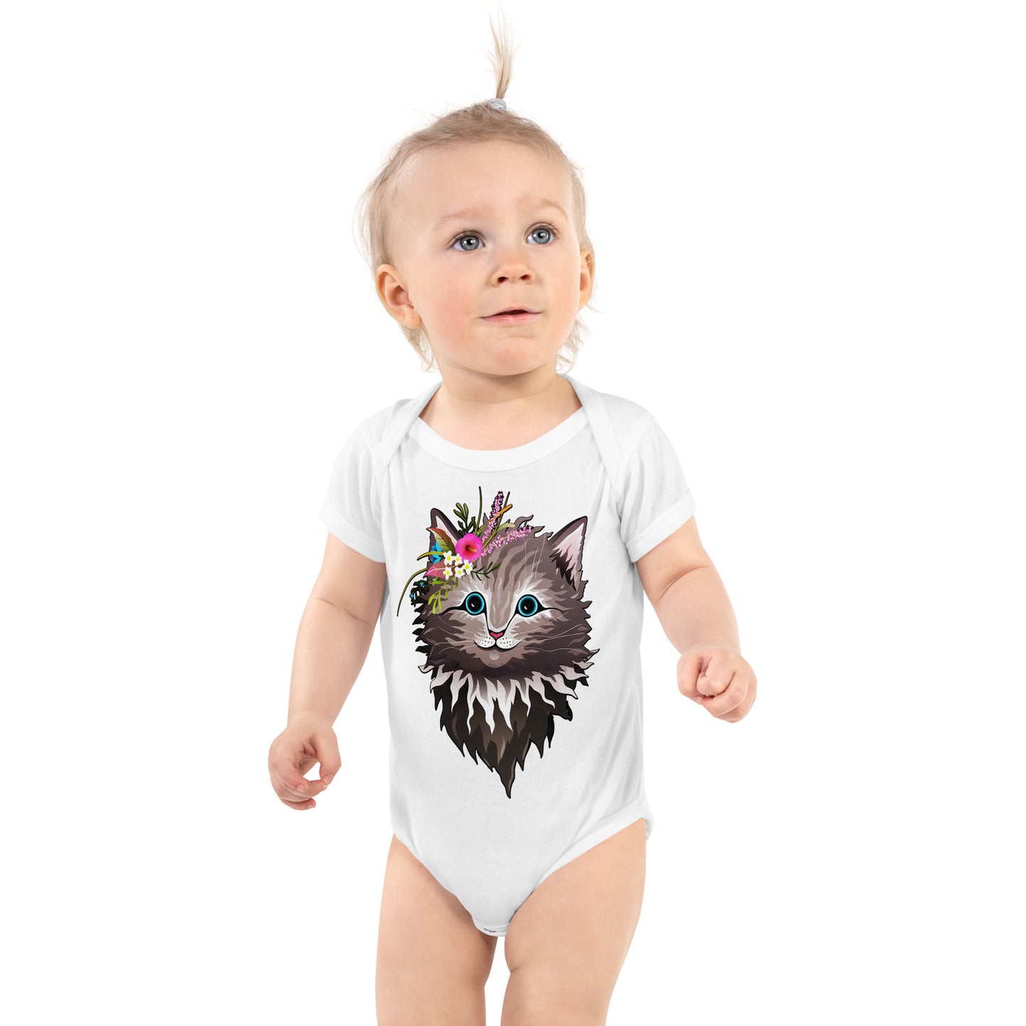 Cute Cat Face with Flowers on Head Bodysuit, No. 0154