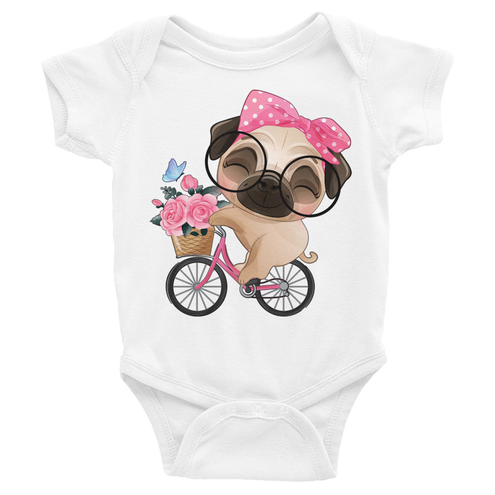 Cute Little Pug Dog Riding Bicycle Bodysuit, No. 0364