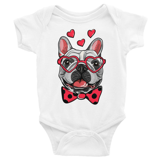 Cute French Bulldog Dog with Funny Pink Heart Glasses Bodysuit, No. 0198