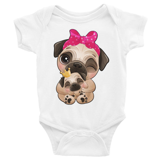 Cute Little Pug Dog Mother and Baby Bodysuit, No. 0363