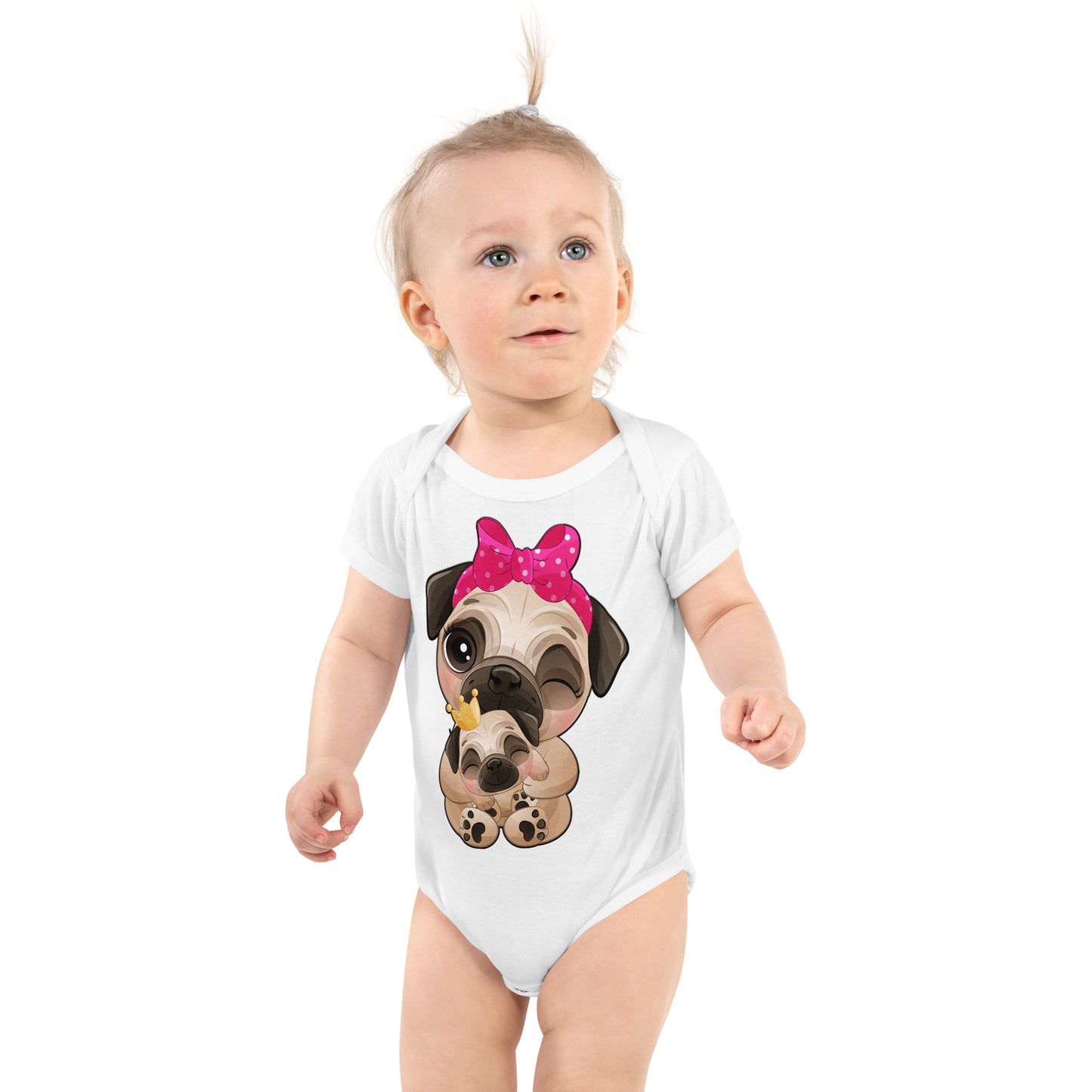 Cute Little Pug Dog Mother and Baby Bodysuit, No. 0363