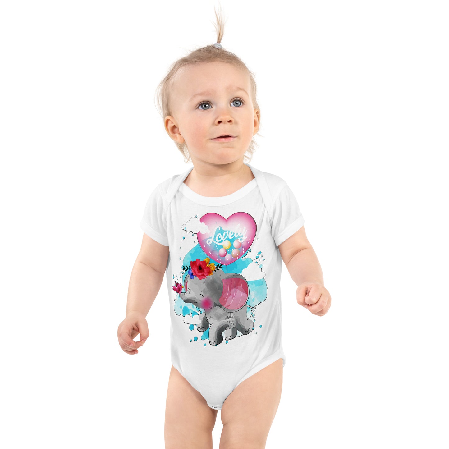 Cute Elephant with Love Balloon Bodysuit, No. 0084