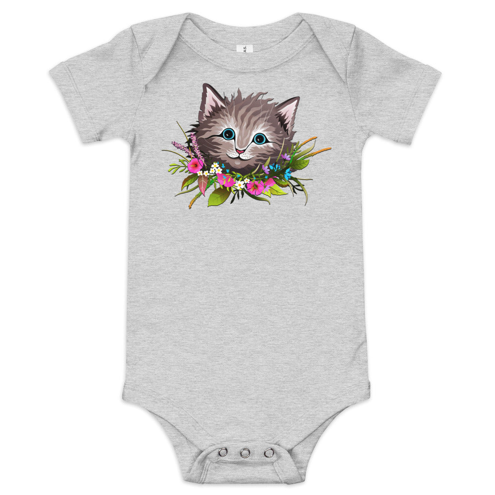 Cute Cat Face with Flowers Wreath Around the Neck Bodysuit, No. 0155